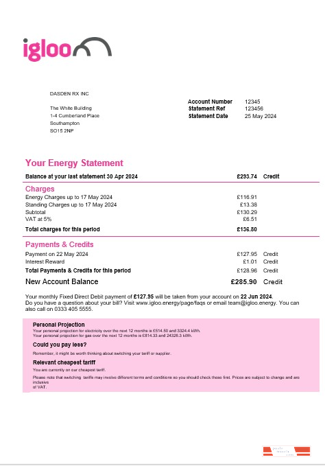 United Kingdom Igloo Energy business utility bill template in Word and PDF formats
